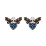 14K Rose Gold Ladies Butterfly Earring With Colorful Diamond Accents In Blue, Dark Brown, And Round Cuts. A Stylish 0.75 Ct Jewelry Earring