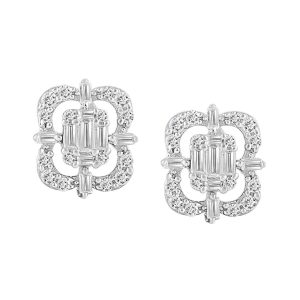 LADIES EARRINGS 0.25CT ROUND/BAGUETTE DIAMOND 14K WHITE GOLD (SI QUALITY)