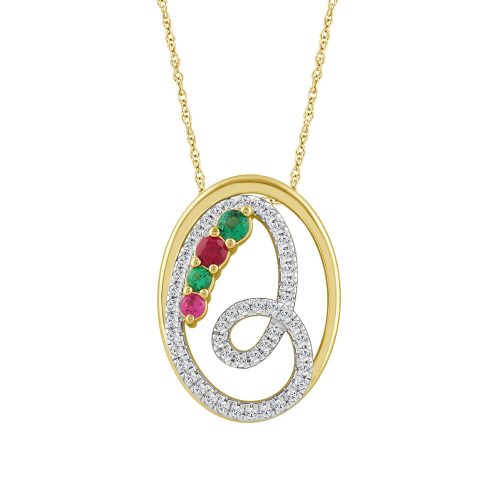 LADIES PENDANT 0.62CT WITH CHAIN ROUND/RUBY /EMERALD DIAMOND 14K YELLOW GOLD (CENTER STONE 0.33CT RUBY EMERALD ) 1 330048Y