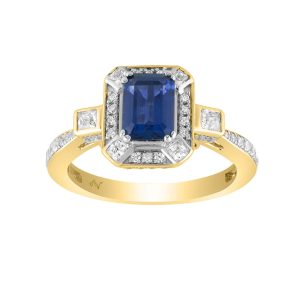 LADIES RING 1.50CT ROUND/PRINCESS/BLUE SAPPHIRE EMERALD DIAMOND 14K YELLOW GOLD (CENTER STONE 1.00CT BLUE SAPPHIRE EMERALD DIAMOND)